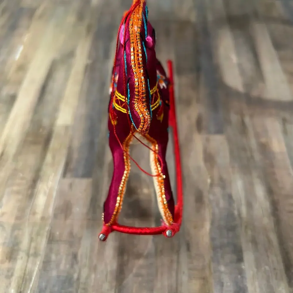 Vintage Red Chinese Silk Embroidered Rocking Horse Hanging Ornament New Year